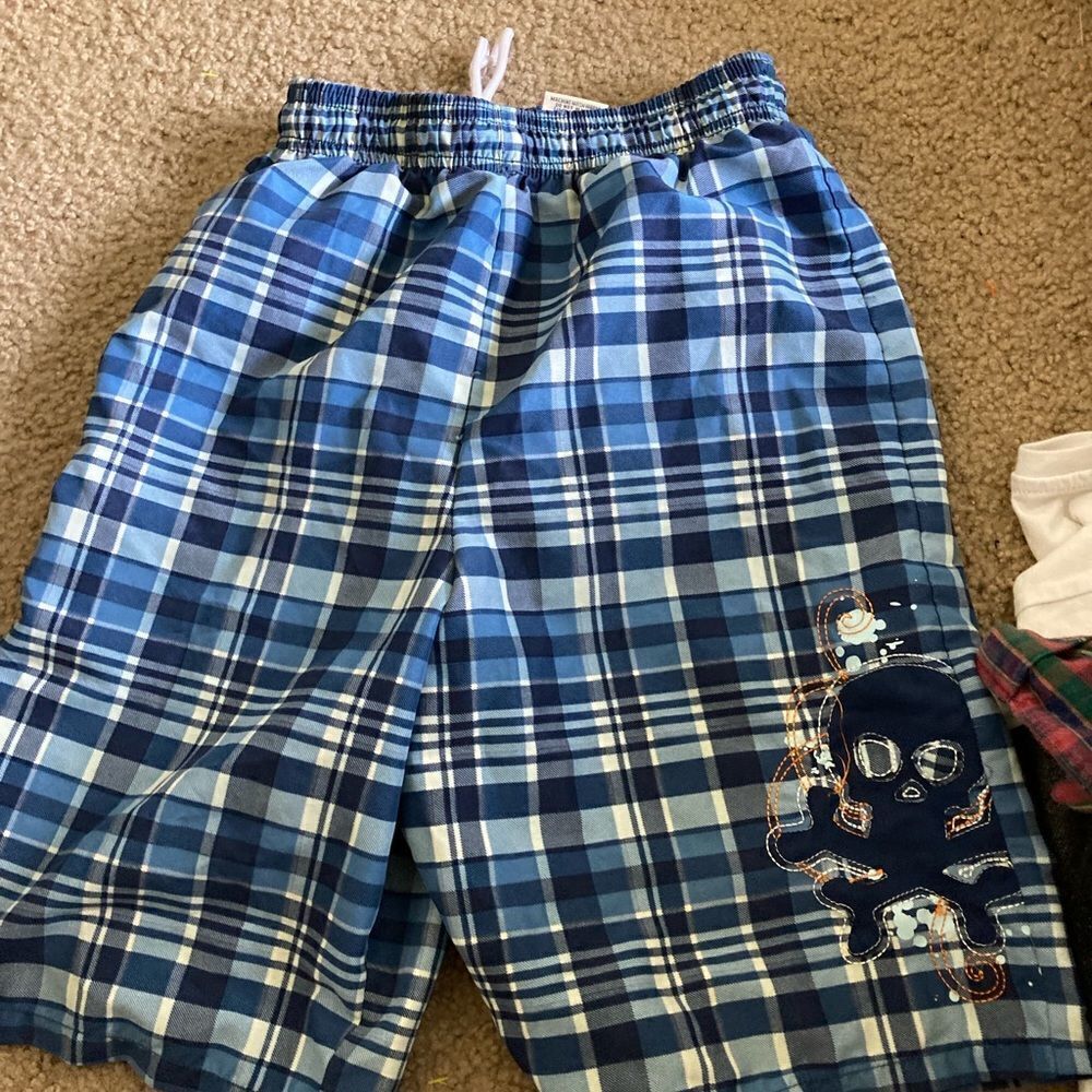 Boys Vintage Blue Plaid Skull Swim Trunks